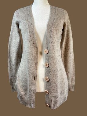 New York & Company Speckled Oatmeal V-Neck Button Cardigan Sweater Size XS
